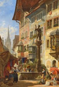 WEYSSER Karl 1833-1904,The market place in on Stein am Rhein,1881,Galerie Koller CH 2024-03-22