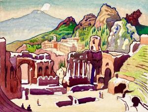 WHITE Clare 1903-1997,Ancient Theatre of Taormina and smoking Etna,David Lay GB 2023-10-26