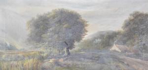 white george,Farmer and his Dog walking through a valley, castle beyond,1881,Halls GB 2022-05-04