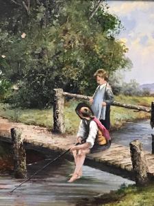 WHITE S,girl & boy fishing on bridge,Jim Railton GB 2023-01-14