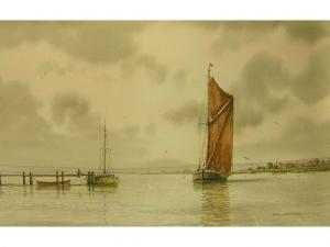 WHITEHEAD Allan 1940,Sailing barge in an estuary,watercolour,Andrew Smith and Son GB 2007-10-23