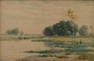 WHITING Henry W,Pastoral Scene with Cows Watering and Several Figures,19th,Burchard US 2017-08-20