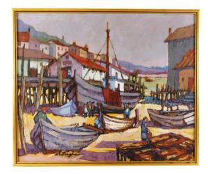 WHITTINGHAM Bonnie 1921-1997,Port scene with buildings, ships, and figures, ,20th,Winter Associates 2019-09-13