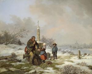 WICKENBERG Per 1812-1846,Vinterlandskap med vandringsman och barn,1840,Uppsala Auction SE 2010-06-08