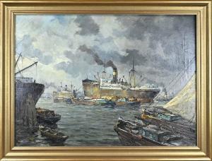 WIEGMAN Gérard 1875-1964,Port of Rotterdam with cargo ships,Twents Veilinghuis NL 2023-01-12