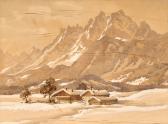 WIESLER Adolf 1878-1958,Blick über Gehöft auf Gebirgsmassiv an einem Wintertag,Zeller DE 2024-04-04