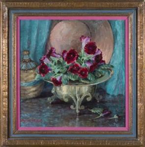 WIGGINS MYRA ALBERT 1869-1956,Floral still life with red flowers and green backg,Quinn's 2013-04-27