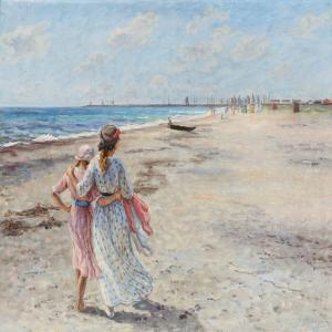 WILHJELM Egon Johannes,Two girls strolling along the beach arm in arm,Bruun Rasmussen DK 2016-10-31