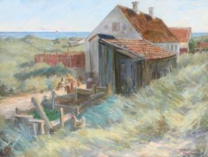 WILHJELM Johannes M. Fasting,Fishing houses at Skagen Nordstrand,1932,Bruun Rasmussen 2023-10-09