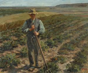 WILHJELM Johannes M. Fasting,Heath landscape with a field worker,1919,Bruun Rasmussen 2024-01-22