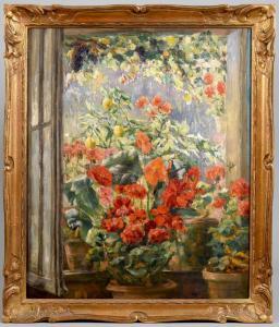 willaert fontan Valentine 1882-1939,vase of colourful flowers in window setti,Tring Market Auctions 2018-08-31