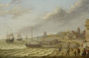 WILLAERTS Abraham 1603-1669,Coastal landscape with a busy village,1643,Galerie Koller CH 2023-03-31