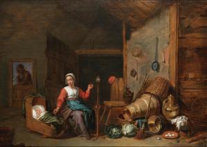 WILLEMSENS Abraham 1627-1672,Interior scene with a woman spinning yarn by a cra,Bonhams 2023-09-13