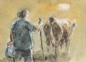 William Selwyn Jones 1933,farmer and cow at sunrise,Rogers Jones & Co GB 2023-11-18