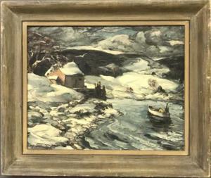 Willmore Merton Widdicombe 1883-1974,a winter lake scene with man in rowboat,Wiederseim 2017-09-23