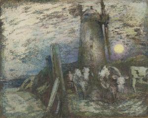WILLS Frederick George 1901-1993,Cattle passing a windmill at dusk,1977,Capes Dunn GB 2018-10-16