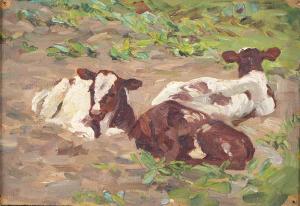 WILSON Winifred 1882-1973,Three Calves at Rest,Mellors & Kirk GB 2022-08-09