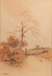 Wilton I 1900-2000,Figure and Sheep in Autumn Landscape,Mossgreen AU 2017-12-04