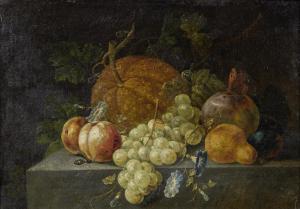 WINCK Johann Amandus 1748-1817,A melon, grapes, peaches and other fruit on a ston,Bonhams 2015-12-09