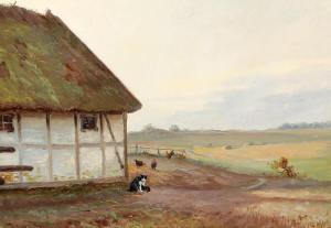 WINNERWALD Emil 1859-1934,Farm exterior with a cat with its kittens,1893,Bruun Rasmussen 2022-03-14