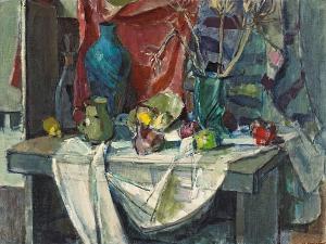 WINSLOW Helen Stirling 1890,A Still Life with Blue Vases and a Red Cloth,Bonhams GB 2008-04-08