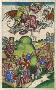 WOHLGEMUTH Michael 1434-1519,Die Predigt des Antichristen,1493,Galerie Bassenge DE 2023-06-07