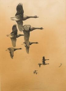 WOLFE MURRAY David Knightley,Geese in Flight Grisaille,Rowley Fine Art Auctioneers 2018-09-11