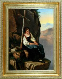 WOLTZE Berthold 1829-1896,Auf einem Felsvorsprung neben einem Kreuz sitzende,Allgauer DE 2021-05-06