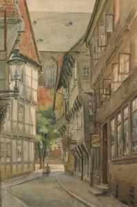 WOLTZE Peter 1860-1925,Mittelalterliche Stadtansicht Blick durch eine eng,1917,Mehlis DE 2019-08-22