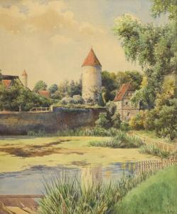 WOLTZE Peter 1860-1925,Stadtmauer mit Teich im Sonnenschein,1916,Wendl DE 2023-10-25