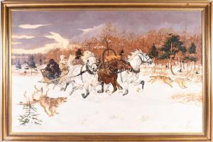 Wolwowicz Wojciech 1950,hunters on a horse-drawn sledge pursuing wol,1994,Dawson's Auctioneers 2020-12-09