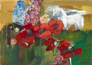 WOMACKA Walter 1925-2010,o.T. (Weißes Pferd mit Mohnblumen),1981,Lehr Irene DE 2025-05-03