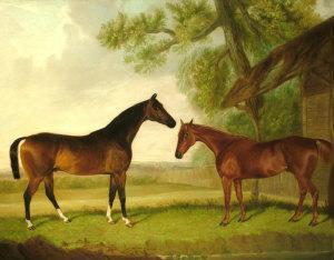 wombill william 1808-1891,Two chestnut hunters by a stable in a landscape,Rosebery's GB 2008-09-09