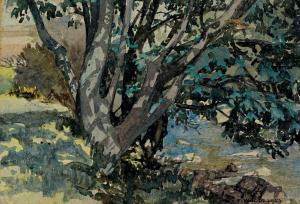 WOOD Franklin Tyler 1887-1945,Blick von der Höhe auf Baum und Gewässer,1923,Zeller DE 2012-07-05