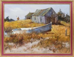 Woodside Joyce Marshall,Rowboat on the shore with boathouses and figure in,Eldred's 2018-08-01