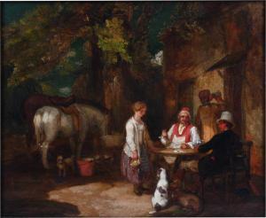 WOOLLETT Henry A 1857-1873,BARNYARD SCENE WITH DOGS AND HORSES AND FIGURES DR,Potomack US 2023-11-30