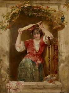 WOOLMER Alfred Joseph,A lady at a window, shading her face with a fan,Rosebery's 2023-03-29
