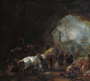 WOUWERMAN Philips 1619-1668,A grotto with travellers unloading a wagon,Christie's GB 2005-11-16