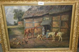 WRIGHT J 1862-1917,figures before a farm building with horses,Lawrences of Bletchingley 2017-04-25