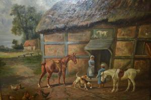WRIGHT J 1862-1917,figures before a farm building with horses,Lawrences of Bletchingley 2017-06-06