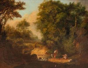 WRIGHT NEWARK Thomas 1773-1839,Wooded Landscape with a Stream and Firsherman,1820,Hindman 2020-10-06