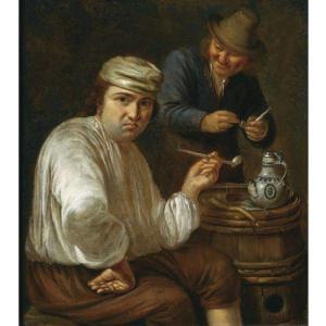 WULFRAET Mathijs 1648-1727,A PEASANT SEATED NEXT TO A BARREL SMOKING A PIPE, ,Sotheby's 2010-11-30