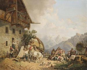 WURTZINGER P,Aufgeregte Menschen vor Berggasthof mit Raufenden,1866,Palais Dorotheum AT 2017-04-11