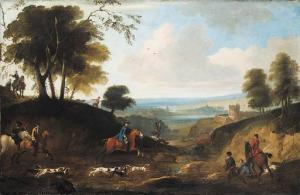 WYCK Jan 1645-1702,A stag hunt in an extensive river landscape,Christie's GB 1999-05-28