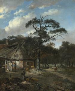 WYNANTS Jan 1632-1684,WOODED LANDSCAPE WITH A BOY AND ANIMALS NEAR A COTTAGE,Sotheby's GB 2015-01-29