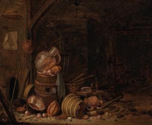 WYNTRACK Dirck,A kitchen interior with barrels, baskets and onion,1638,Palais Dorotheum 2019-12-18