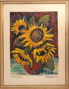 XAVER Spiegelhalder 1900-1969,Sonnenblumenstrauß in roter Tonvase,1954,Bloss DE 2017-03-20