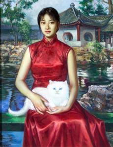 YANG Feng Chen 1955,Ritratto di giovane donna in abito rosso con gatto,Finarte IT 2021-05-27