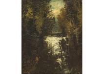 YARNOLD Joseph W 1800-1900,Landscape of waterfall fisherman,Mainichi Auction JP 2020-01-17