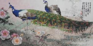 YISHENG WU 1929-2009,two peacocks in a garden with pink and white flowers,888auctions CA 2024-01-18